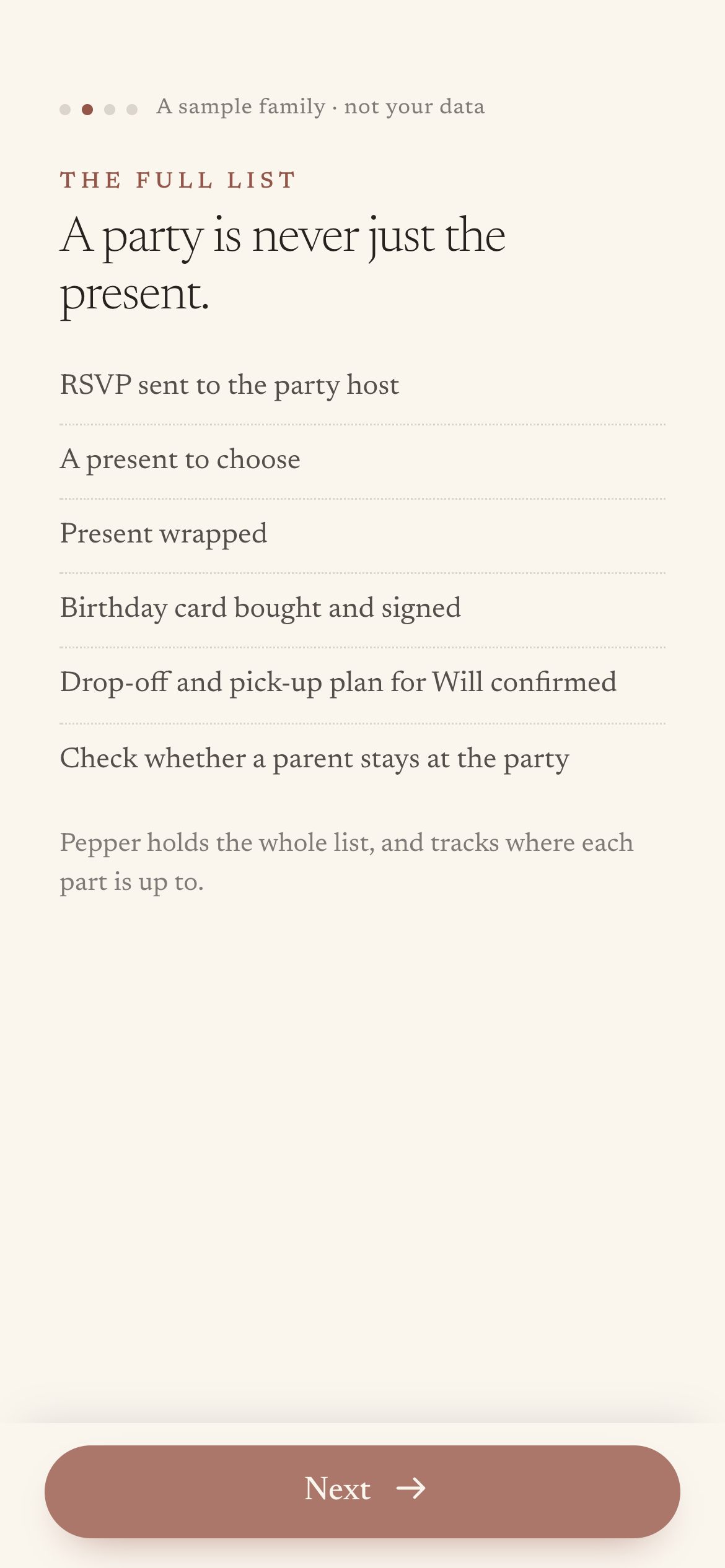 Pepper prepares the whole list for the party: RSVP, a present to choose, present wrapped, card bought and signed, the drop-off and pick-up plan for Will, and checking whether a parent stays.